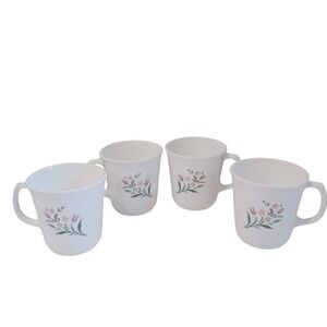 Corning USA Milk Glass Mugs Set of 4 Pink Tulip Floral Vintage White Coffee Cups